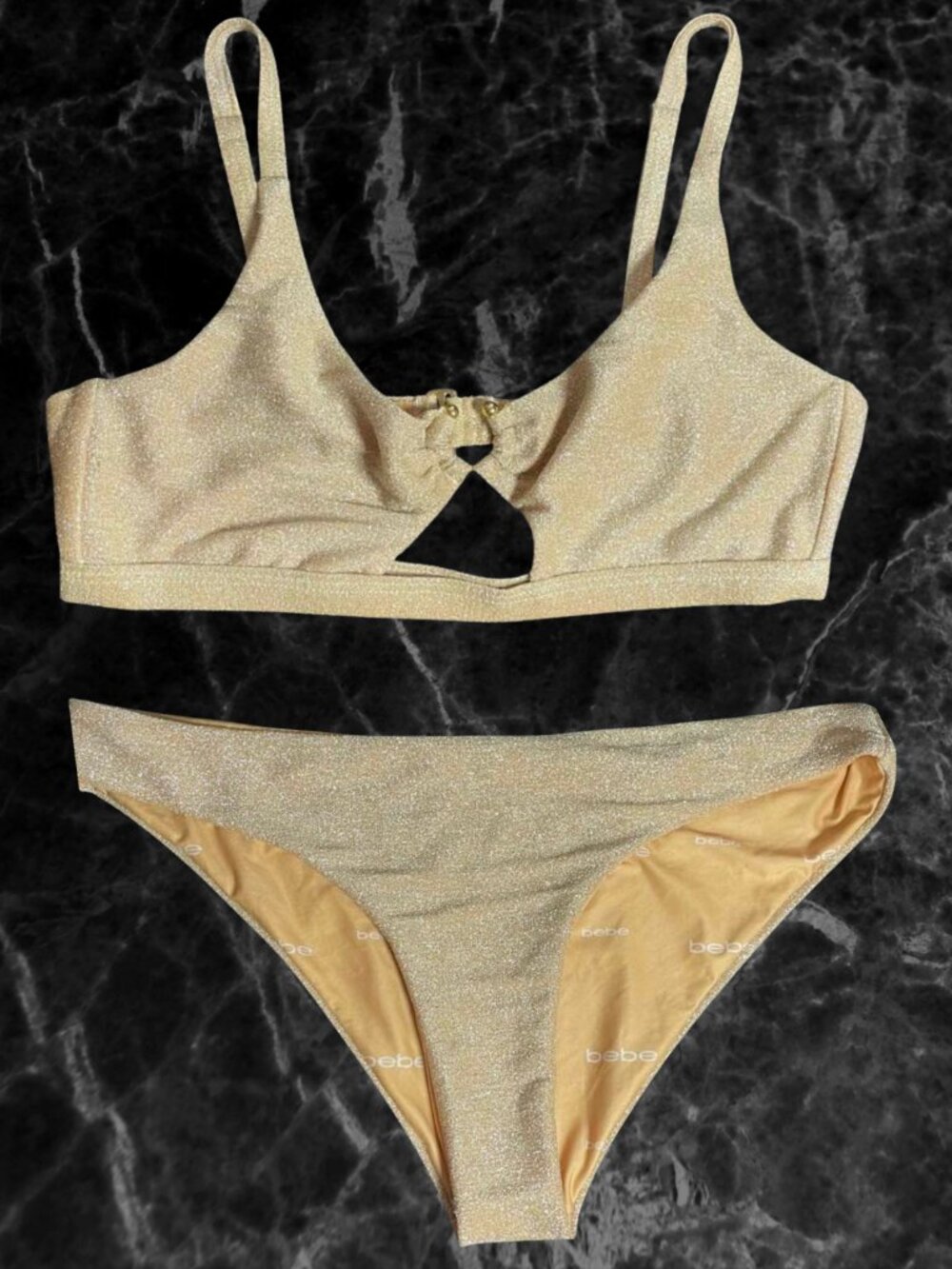 Bebe Gold Glitter Metallic Two-Piece Bikini Set Cutout Top Y2K